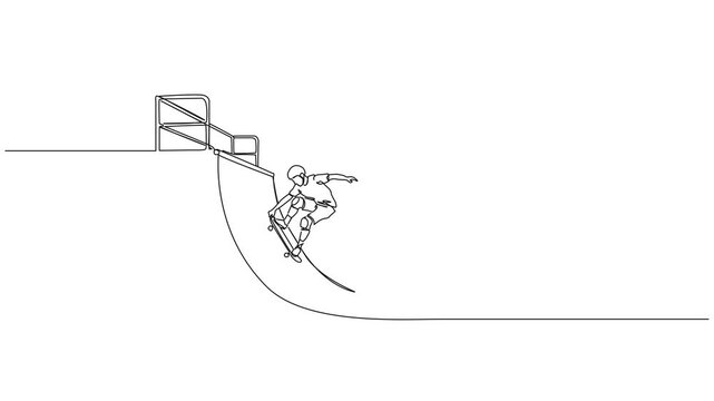 animated continuous line drawing of skater skateboarding in halfpipe, line art animation