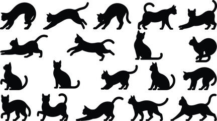 Collection of cat silhouette poses set isolated vector illustrations featuring playful, jumping, sitting and stretching feline shapes © MSTALIFNUR