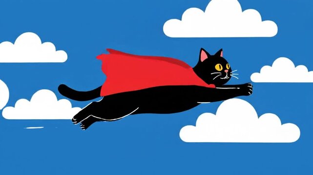 Animated Black Cat Superhero Flying Through Blue Sky with White Clouds.