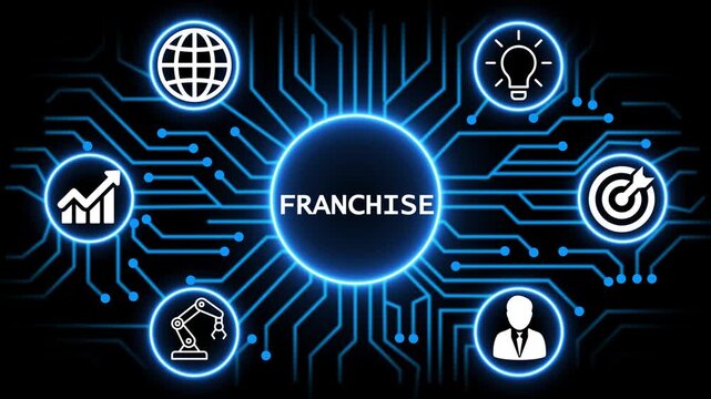 franchise concept with circuit lines and digital symbols hovering above a businessman, technology. manufacturing process management all connected in a digital circle like pattern.