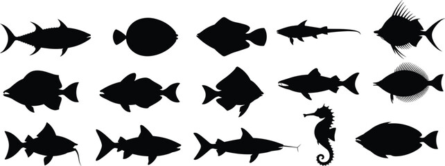 Collection of marine fish silhouettes including seahorse and various ocean species isolated on white background for design use © MSTALIFNUR