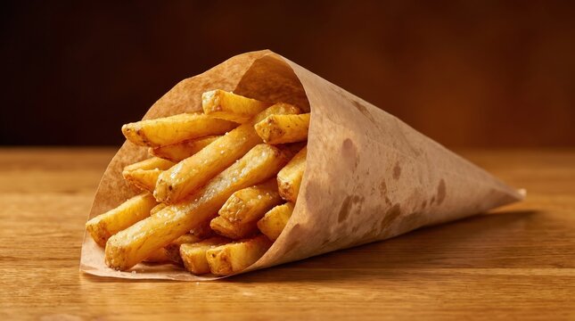 French fries in paper cone served on wooden table closeup