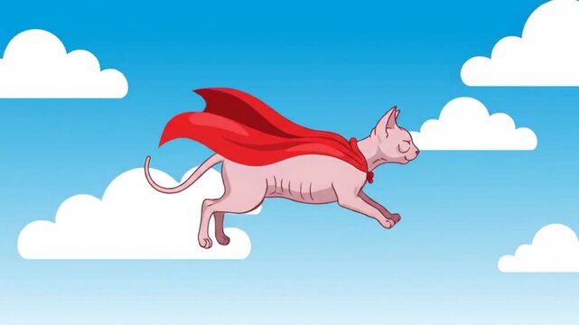 Sphynx Cat Superhero Flying Through Blue Sky with White Clouds.