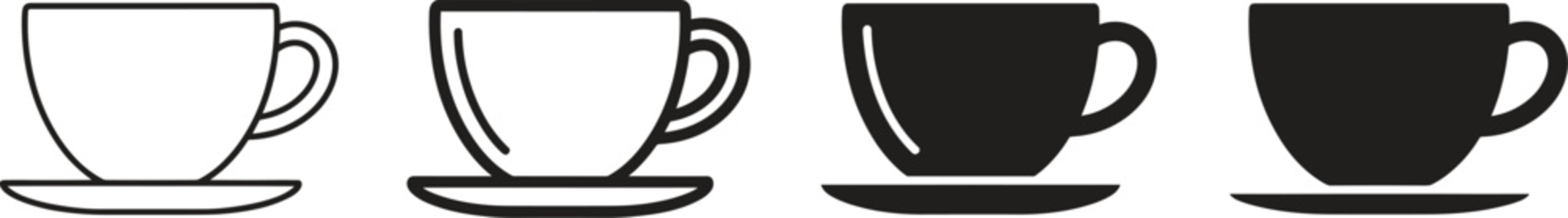 Coffee cup and saucer icon set with various line weights and solid black filled styles
