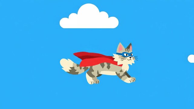 Super Cat Flying Through Blue Sky with Clouds Animated Cartoon.