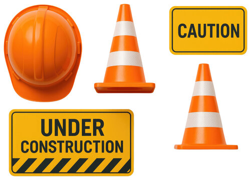 Orange safety helmet, traffic cones, and yellow under construction and caution signs on a white background