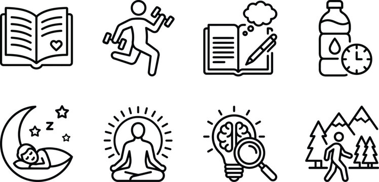 A collection of wellness and self-development content, including reading, exercise, writing, drinking water, and sleep icon sets.
