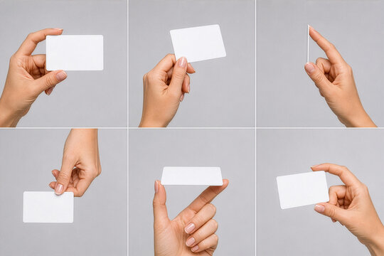 Realistic female hand holding a blank white credit card shaped mockup from multiple angles in a clean 2x3 catalog layout on a gray studio background. Minimal payment card, business card, ID card, bran