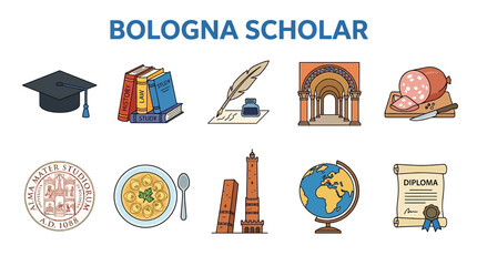 Bologna Scholar Icons: Education Food and City Landmarks Collection. © zyaa
