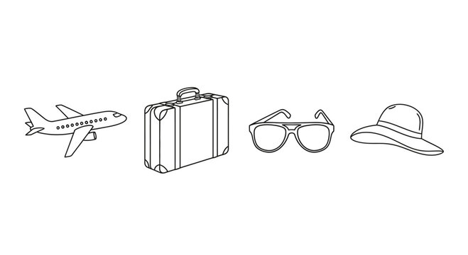Travel set line art illustration with airplane suitcase sunglasses and hat.