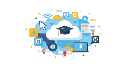 Fototapeta premium Digital Online Education and E-Learning Concept Illustration featuring Graduation Cap, Cloud, Laptop, and Academic Icons for Distance Learning