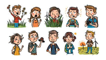 Fototapeta premium The Traveler's Spectrum: A vibrant collection of emotive cartoon illustrations, capturing the diverse emotional journey of travelers, each scene a unique window into the human experience.