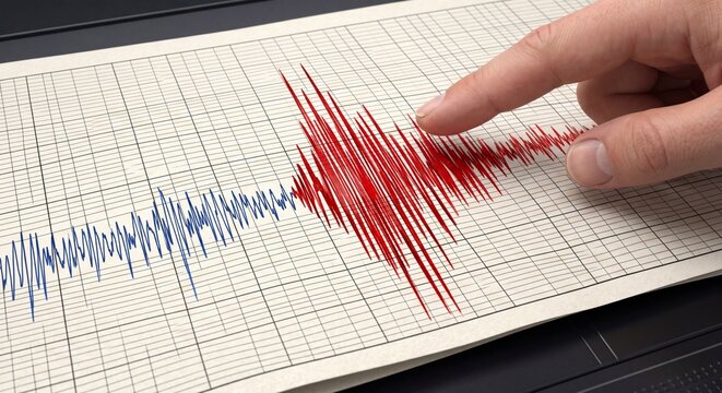 seismic activity graph on paper with hand pointing to earthquake waves