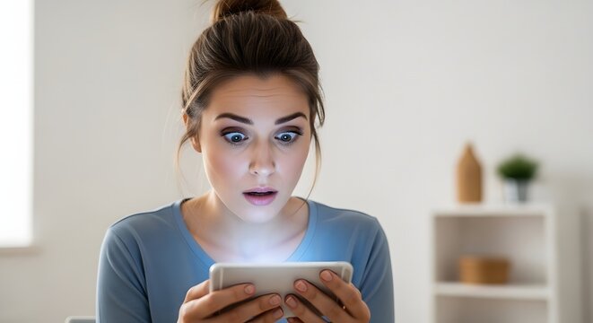 Young Woman Shocked by Content on Her Smartphone Screen.