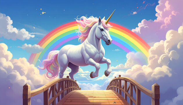 Whimsical white unicorn with rainbow mane prancing over wooden bridge in dreamy cloudy sky