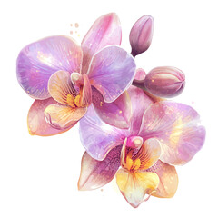 Obraz premium Orchid, semi-realistic fantasy watercolor illustration, magical accents, isolated on white background