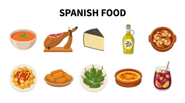 Collection of Popular Spanish Food Dishes and Ingredients.