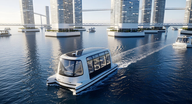 Water taxi glides past futuristic skyscrapers