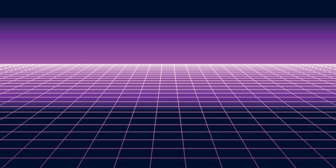 Retro futuristic neon grid landscape with purple pink gradient sky glowing horizon perspective lines synthwave style digital background for technology wallpaper vaporwave aesthetic scene design art ui © SpainArts