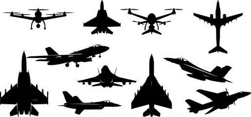 Collection of various airplane silhouettes on a white background. black silhouettes of fighter jets in various positions and angles flying high military aircraft vector illustrations icons set. © AI Master