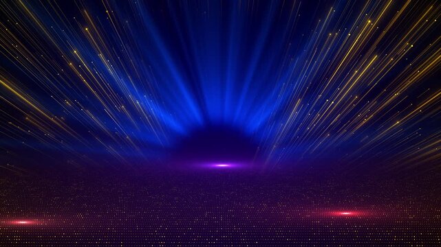 Blue gold light streak stage background radiant beams, dotted floor, sparkling trails, cinematic depth. concert award intros, gala titles, luxury promos, event openers, and energetic motion overlays.
