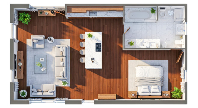 Modern luxury apartment floor plan featuring bedroom bathroom and kitchen in high resolution animation motion captured on transparent background