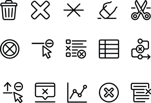 Set of black linear interface icons showing delete remove cancel error and exclude actions for web and mobile application design