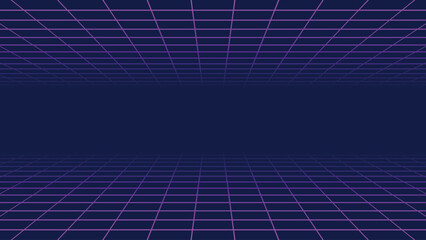 Futuristic neon purple grid background with retro 80s perspective horizon glowing lines on blue gradient creating digital cyberspace landscape ideal for technology wallpaper design and sci fi visuals. © SpainArts