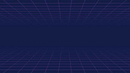 Futuristic neon perspective grid background with glowing purple lines on dark blue space retro digital landscape horizon virtual reality cyberspace scene 3d wireframe floor extending vanishing point © SpainArts