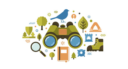 Obraz premium Flat Vector Illustration of Outdoor Exploration Gear with Binoculars and Hiking Icons for Nature Discovery and Birdwatching