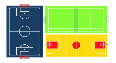 Multiple Sports Fields: Soccer, Tennis, Basketball Courts Top View Illustration © Kembang