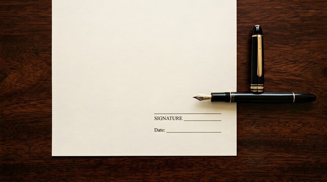 Writing action with pen on blank paper close-up, stationary desk environment, top view, creative concept for business communication and document signing