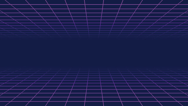 Futuristic neon purple grid background with retro 80s perspective horizon glowing lines on blue gradient creating digital cyberspace landscape ideal for technology wallpaper design and sci fi visuals.