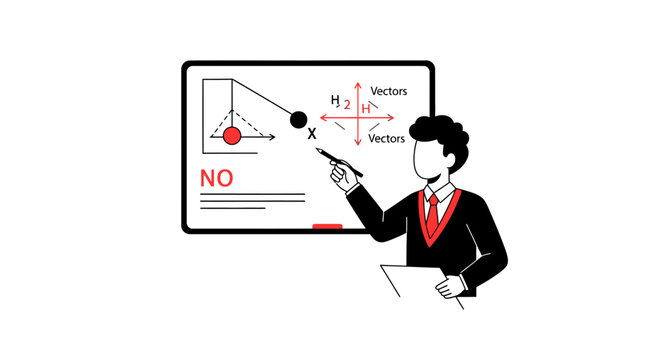 Academic Teacher or Professor Explaining Complex Physics Formulas and Pendulum Mechanics on Whiteboard Illustration