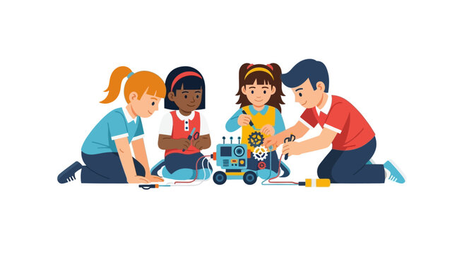 Diverse group of children building a robot together, STEM education concept, kids learning robotics and technology, flat vector illustration isolated on white