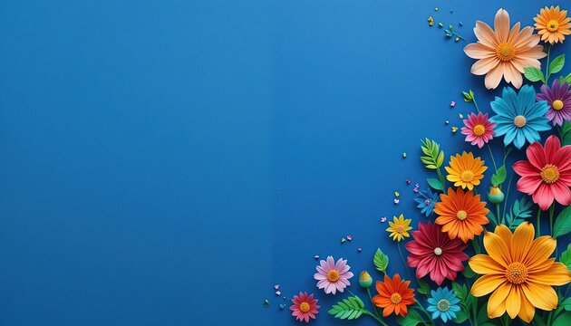 Colorful paper style flowers clustered in bottom corner against solid blue background vibrant composition symbolizing creativity decoration design elegance and cheerful artistic expression modern aest