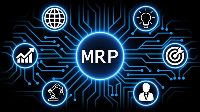 MRP concept with circuit lines and digital symbols hovering above a businessman, technology. manufacturing process management all connected in a digital circle like pattern.