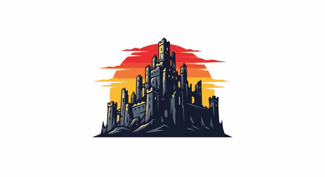 A detailed illustration of a formidable stone castle silhouetted against a vibrant sunset