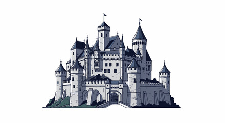 Obraz premium A detailed, pixelated illustration of a grand, multi-towered castle on a rocky outcrop