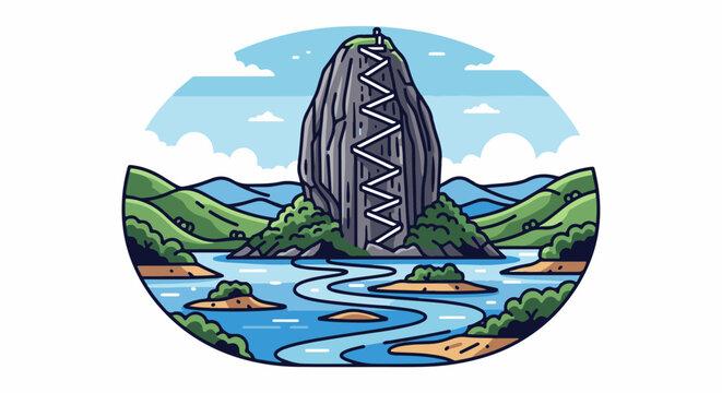 A monumental rock formation with a zigzag path carved into its side