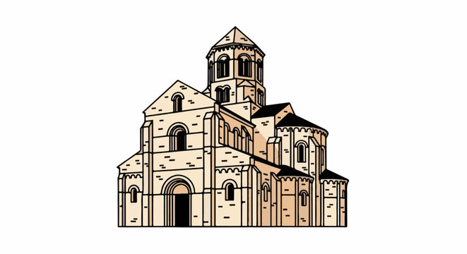 A detailed line drawing of a historical stone church with arched windows