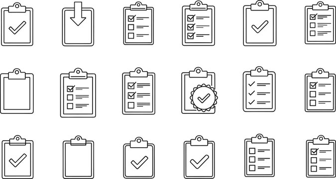 Clipboard checklist icons set with task lists check marks approval document vector outline illustration office management collection