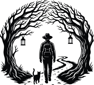 Silhouette of hiker with backpack and cat walking through forest