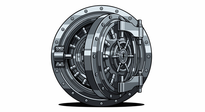 A detailed pixel art illustration of a large, circular, metallic bank vault door