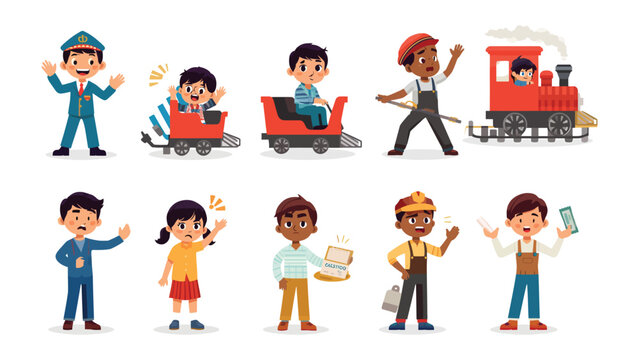 Children with Train: Charming children are immersed in an exciting world of trains. They are dressed in a variety of railway-themed outfits, from conductors to engineers.
