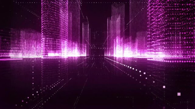 Abstract background with purple neon grids city silhouette in vintage style.Can be used for workflow layout, diagram, web design, banner template. Vector illustration