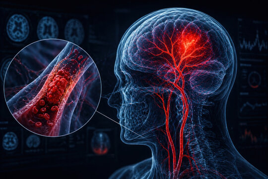 Brain stroke visualization with blocked artery and blood clot, medical 3D illustration