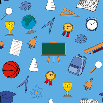 School themed seamless pattern on blue background featuring books, backpack, pencil, ruler, chalkboard, trophy, globe, attendance sheet, compass, bell, alarm clock, for education designs.