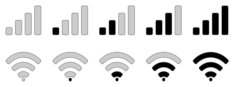 Digital device status icons set showing mobile signal bars strength, and wifi connection indicators
