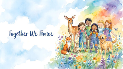 Naklejka premium Watercolor Child and Wild Animal Together We Thrive Earth Day Illustration Poster